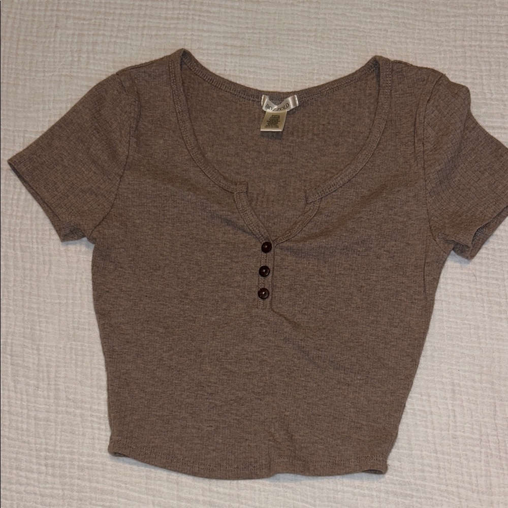 Bozzolo Womens Ribbed Crop Top Brown Small Fitted 3 Button Festival Concert - Picture 10 of 10